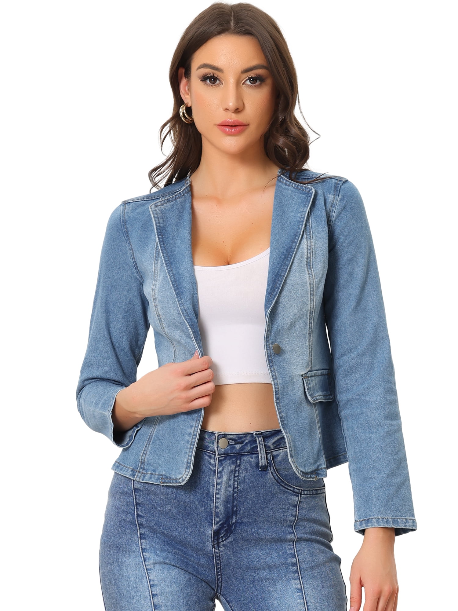DARING DIVA Women's Lapel Collar Jean Jacket One Button Work Denim Blazer XL Light Blue
