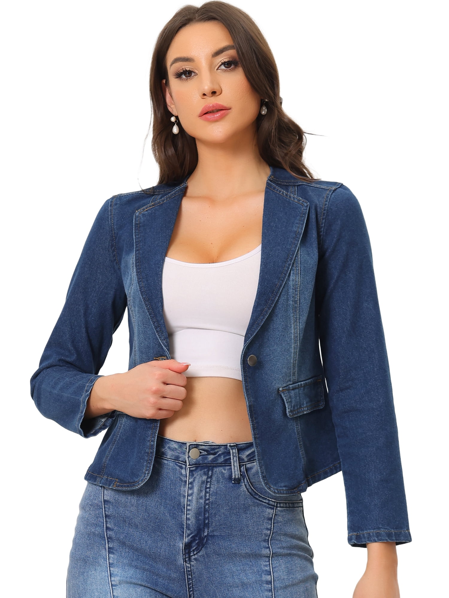 DARING DIVA Women's Lapel Collar Jean Jacket One Button Work Denim Blazer XS Dark Blue