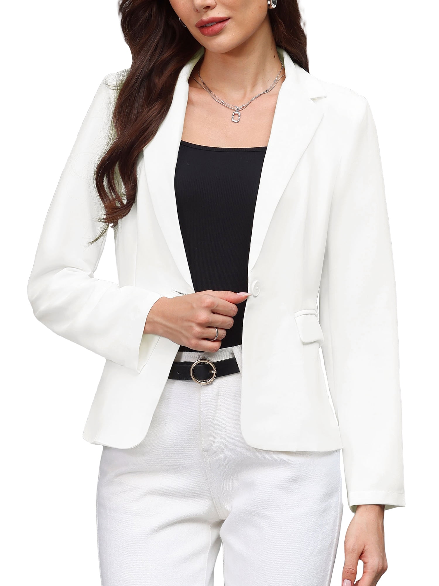 DARING DIVA Women's Lapel Collar Long Sleeve Suit Blazer Jacket S White