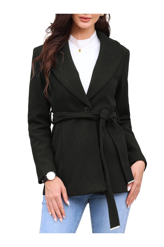 Women's Lapel Collar One Button Overcoat with Belt L Black