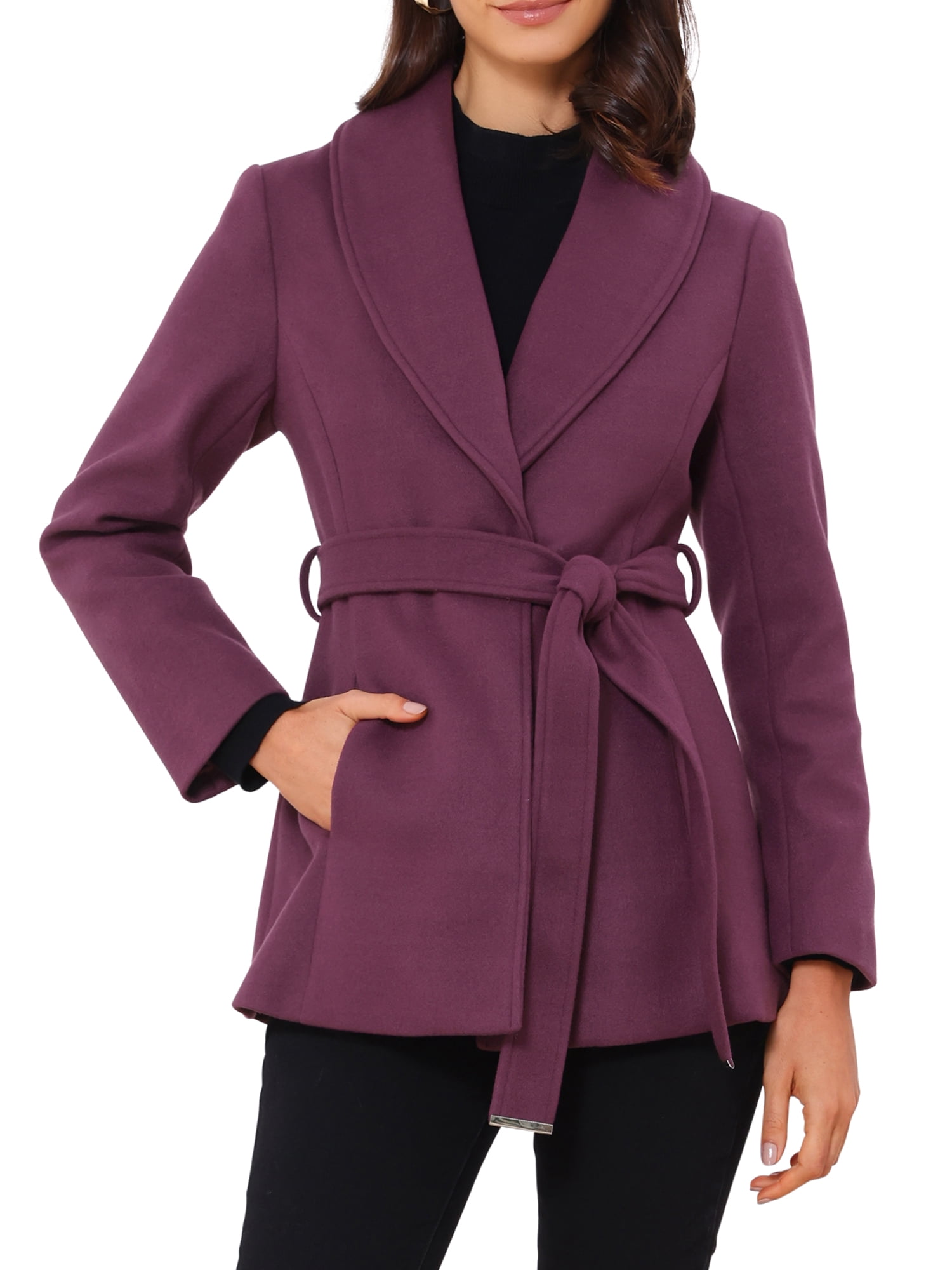 DARING DIVA Women's Lapel Collar One Button Overcoat with Belt M Purple