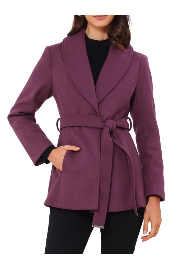 Women's Lapel Collar One Button Overcoat with Belt M Purple