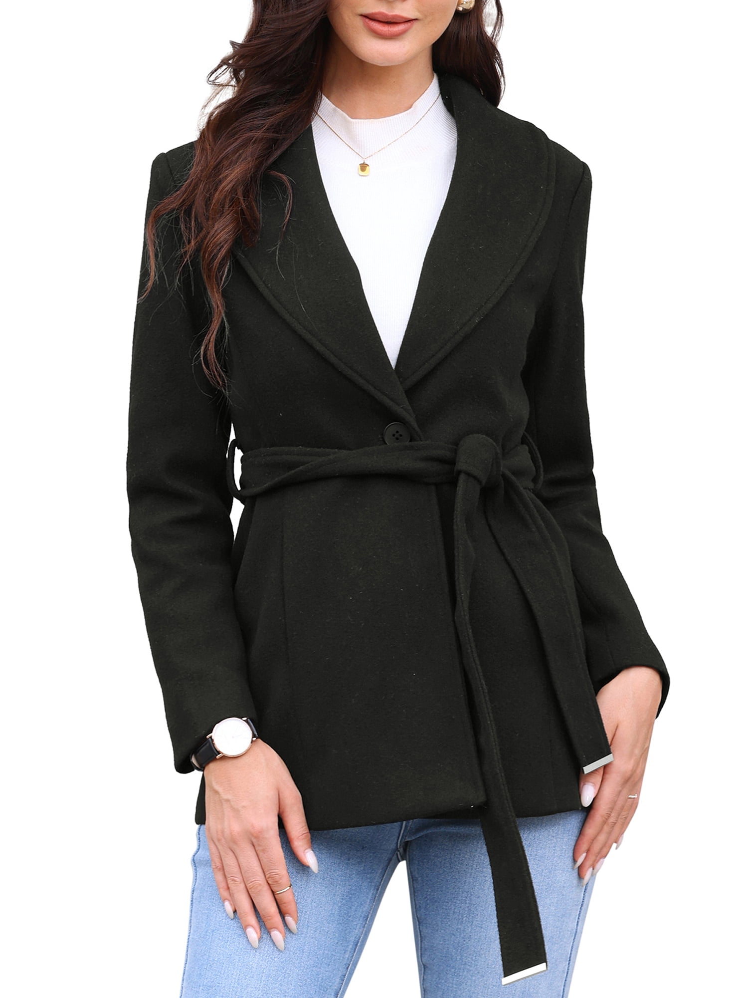 DARING DIVA Women's Lapel Collar One Button Overcoat with Belt XS Black