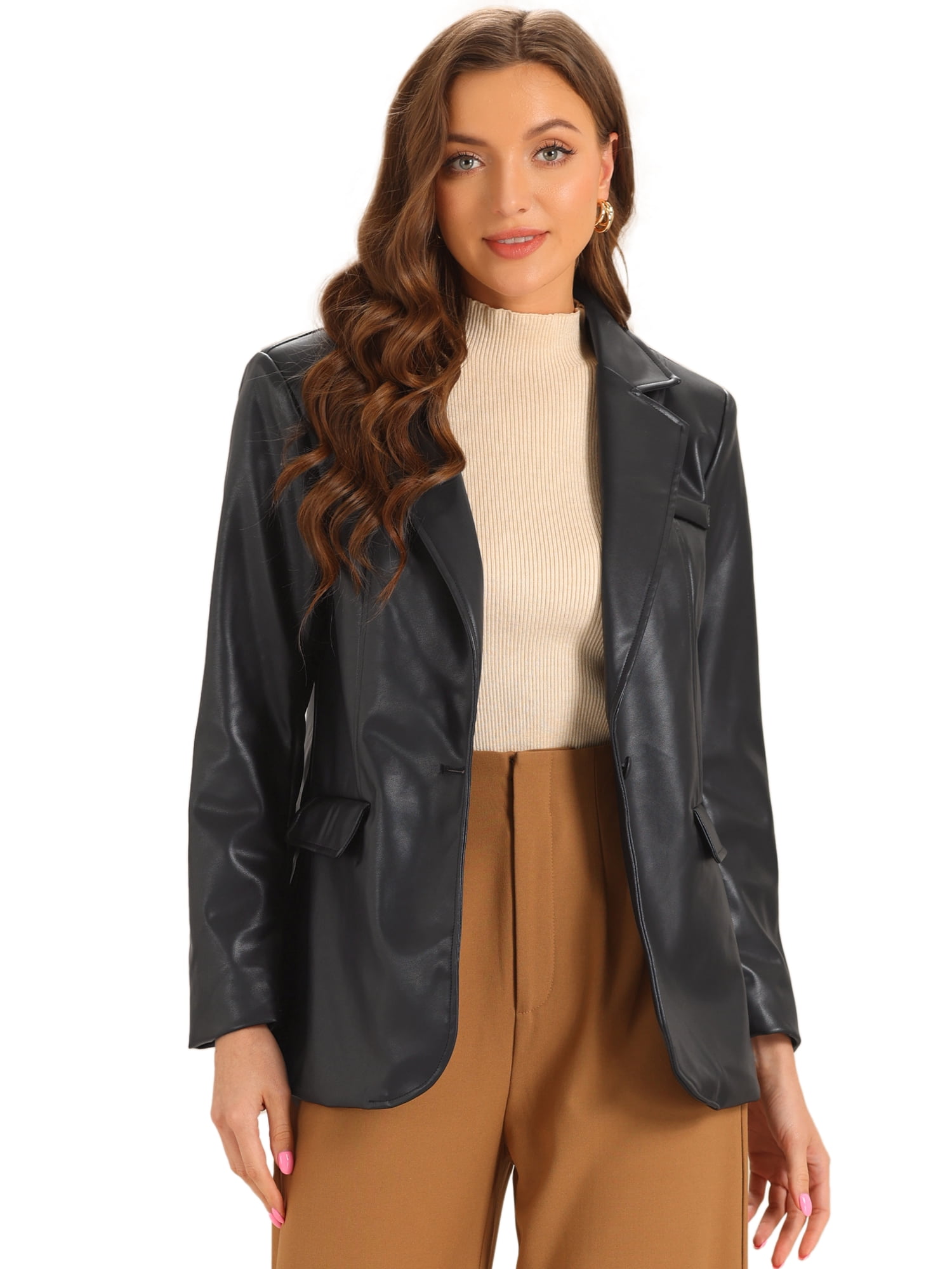 DARING DIVA Women's Faux Leather Jacket Lapel Collar PU Biker Moto Casual Oversized Blazer L Black