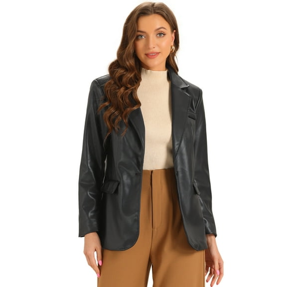 DARING DIVA Women's Lapel Collar Oversized Faux Leather Blazer L Black