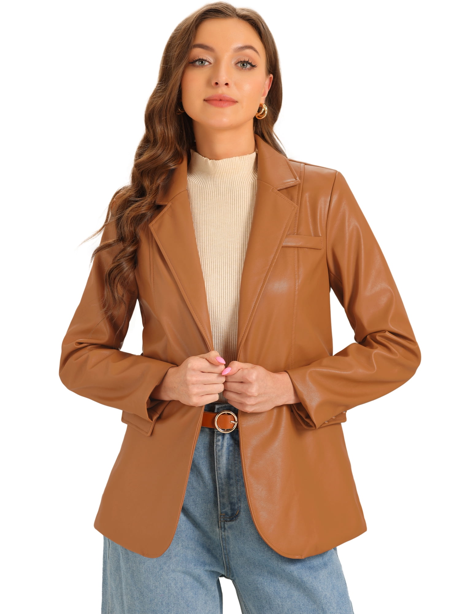 DARING DIVA Women's Faux Leather Jacket Lapel Collar PU Biker Moto Casual Oversized Blazer XS Caramel