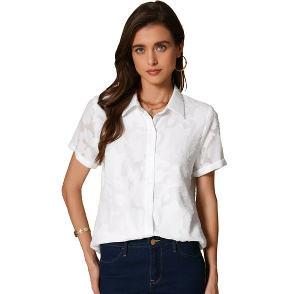 DARING DIVA Women's Lapel Collar Short Sleeve Button Down Chiffon Blouse XS White