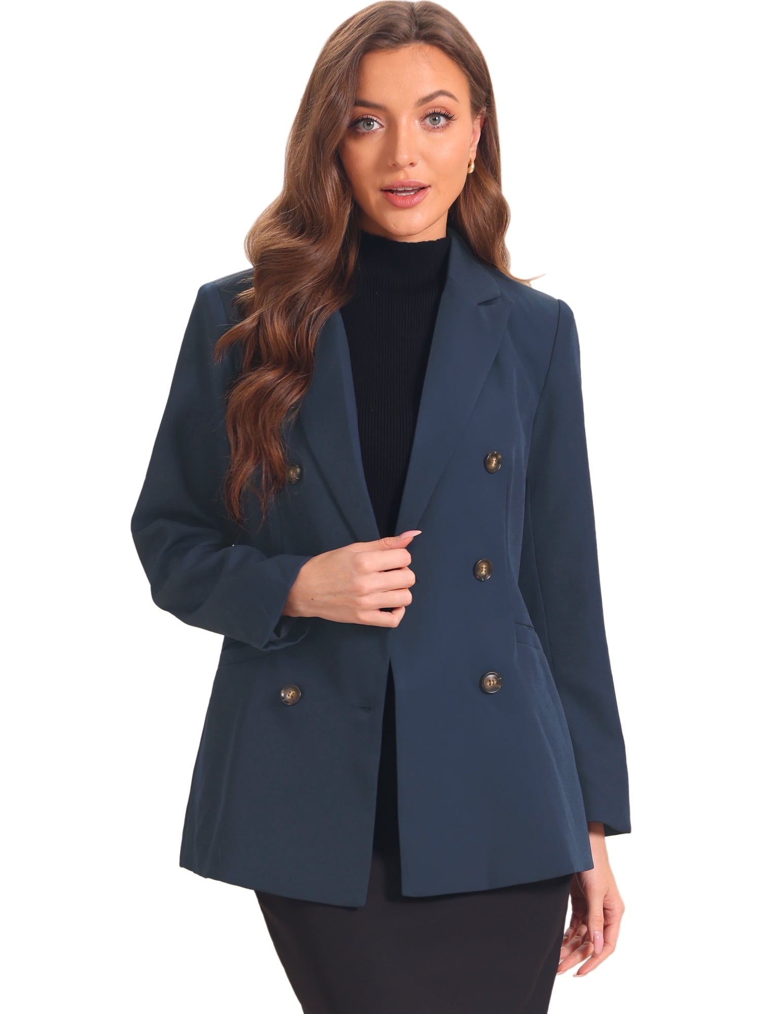 DARING DIVA Women's Lapel Collar Shoulder Pads Double Breasted Blazers XS Dark Blue
