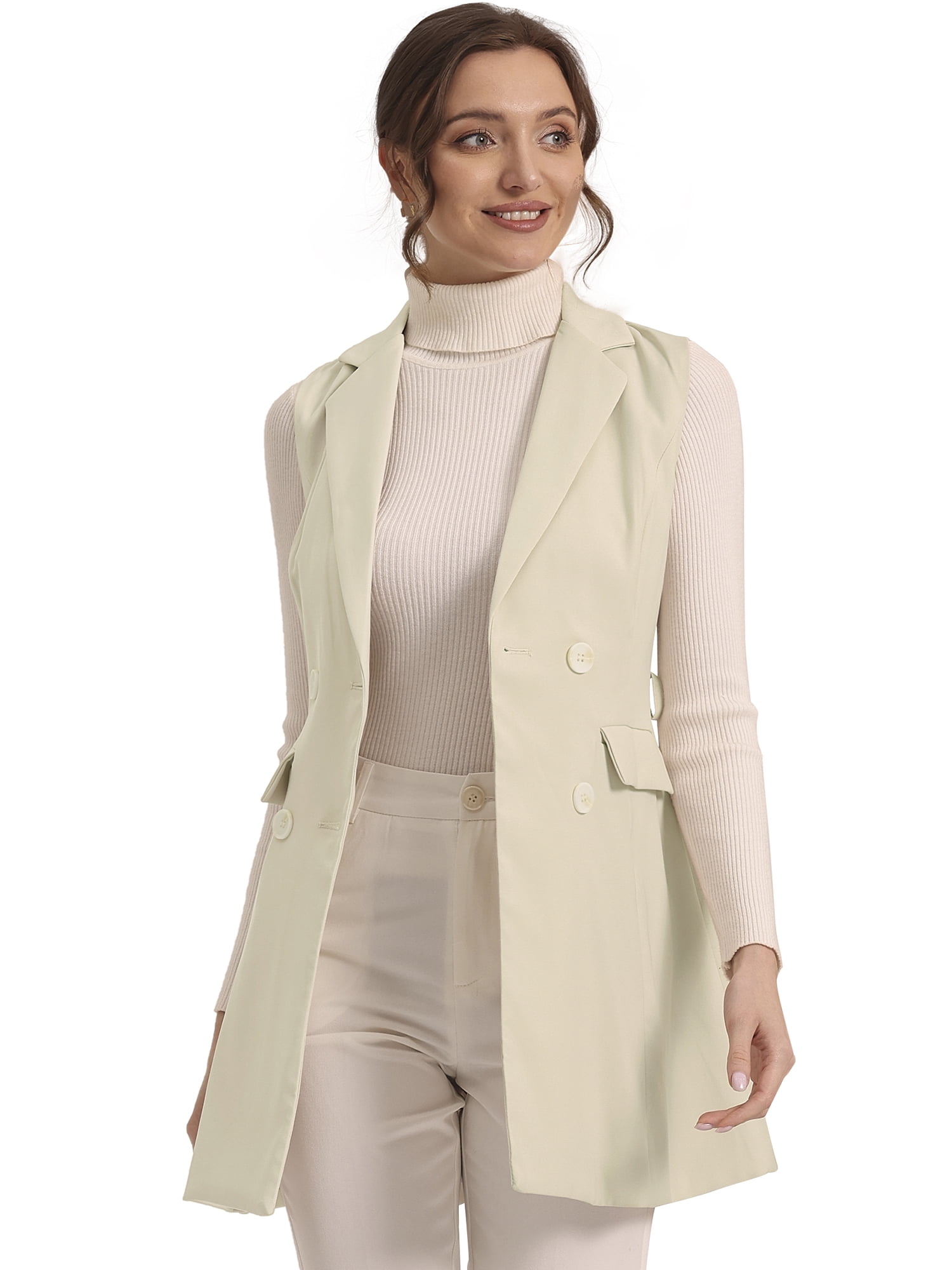 DARING DIVA Women's Lapel Collar Trench Vest Double Breast Long Blazer S Apricot
