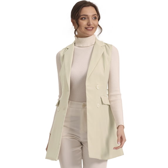 DARING DIVA Women's Lapel Collar Trench Vest Double Breast Long Blazer S Apricot