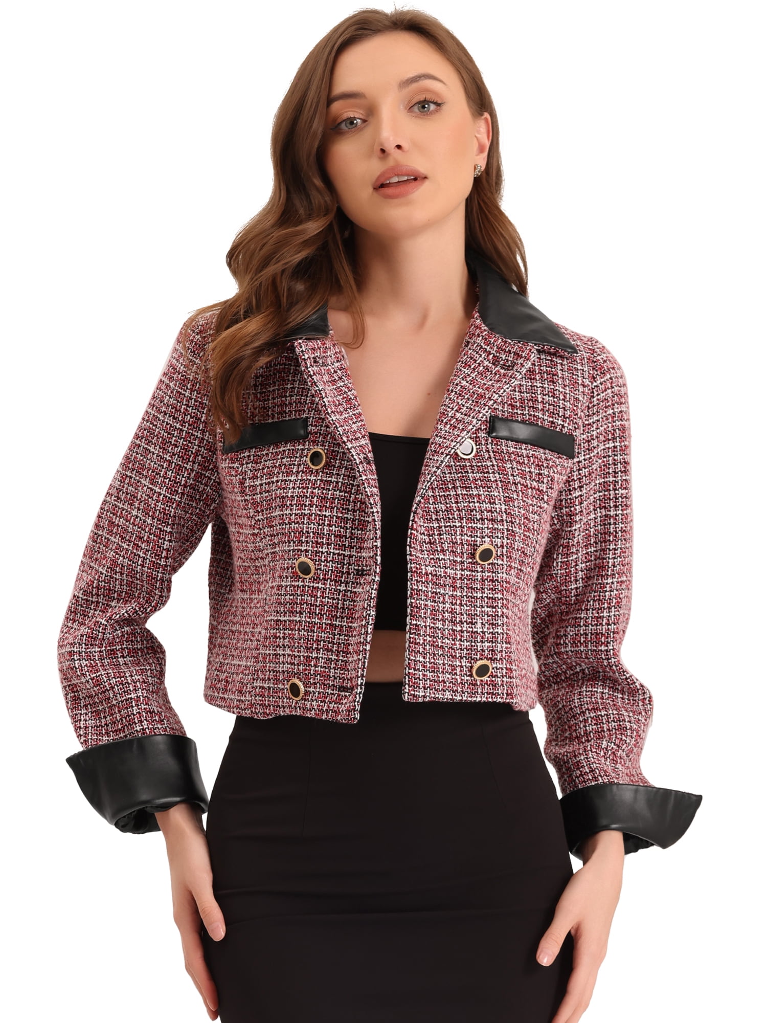 DARING DIVA Women's Lapel Collar Vintage Plaid Tweed Cropped Jackets Blazer XS Red