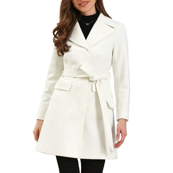 DARING DIVA Women's Lapel Collared Belted Trench Outerwear Coat L White