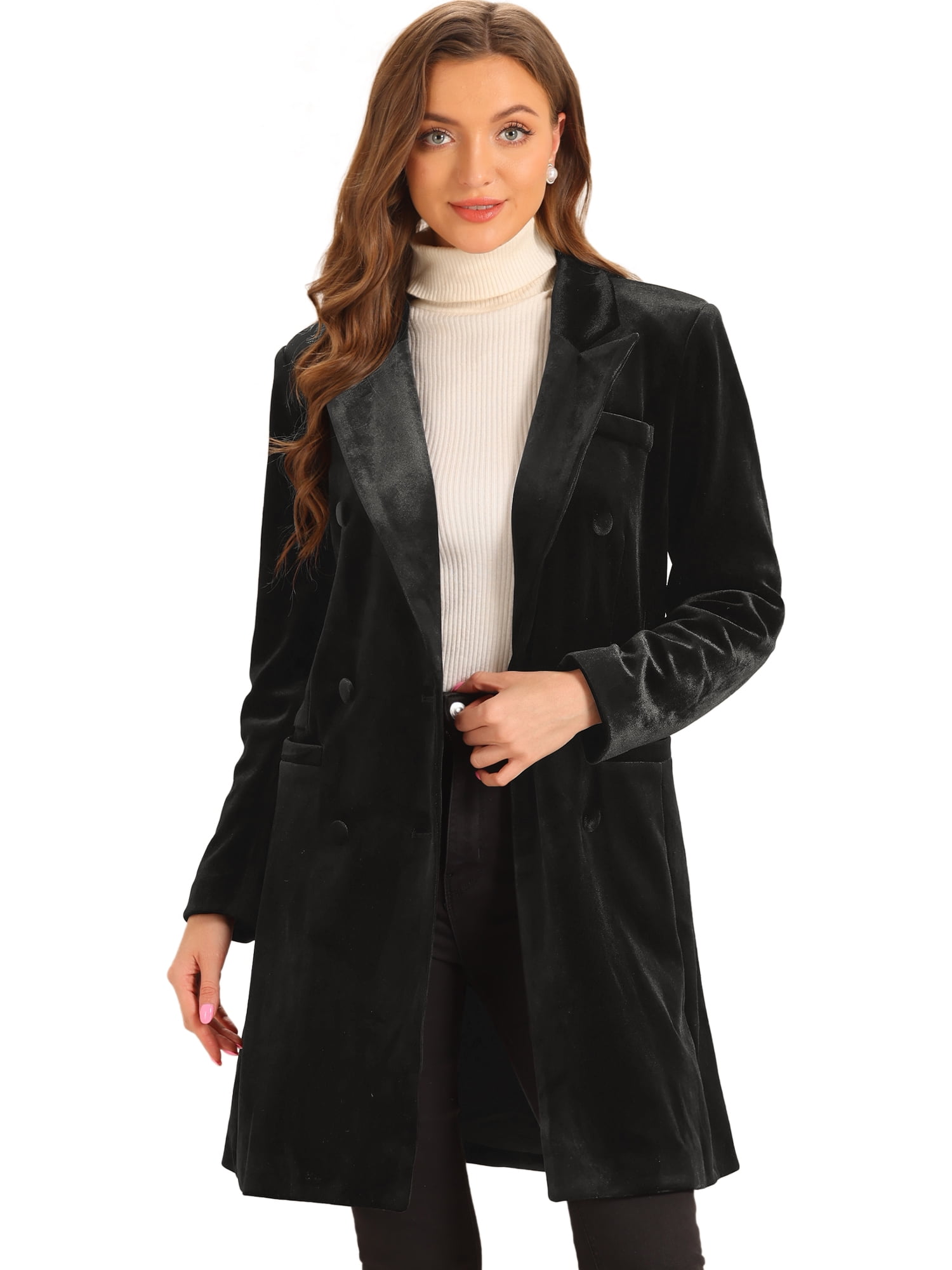 DARING DIVA Women's Velvet Lapel Double-Breasted Long Outerwear Winter Coats XS Black