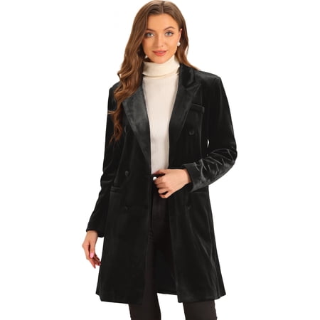 DARING DIVA Women's Velvet Lapel Double-Breasted Long Outerwear Winter Coats XS Black