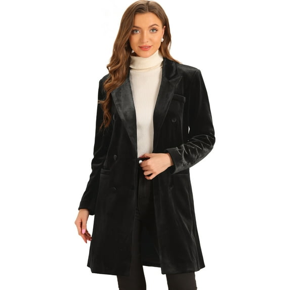 DARING DIVA Women's Lapel Double-Breasted Long Outerwear Winter Coats Black XS