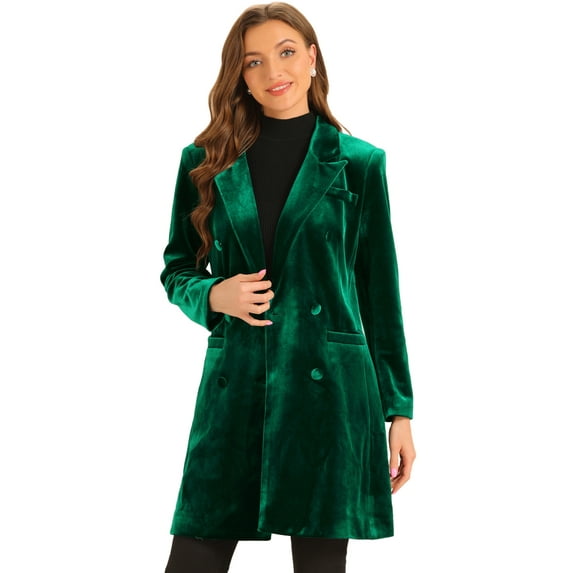 DARING DIVA Women's Lapel Double-Breasted Long Outerwear Winter Coats Dark Green L