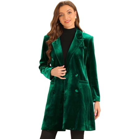 DARING DIVA Women's Velvet Lapel Double-Breasted Long Outerwear Winter Coats S Dark Green