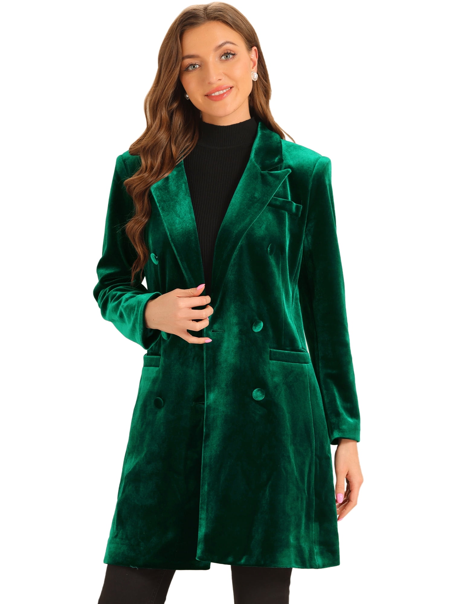 DARING DIVA Women's Velvet Lapel Double-Breasted Long Outerwear Winter Coats XS Dark Green