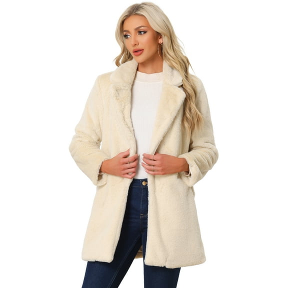 DARING DIVA Women's Lapel Faux Fur Fuzzy Warm Jacket Overcoat L Apricot