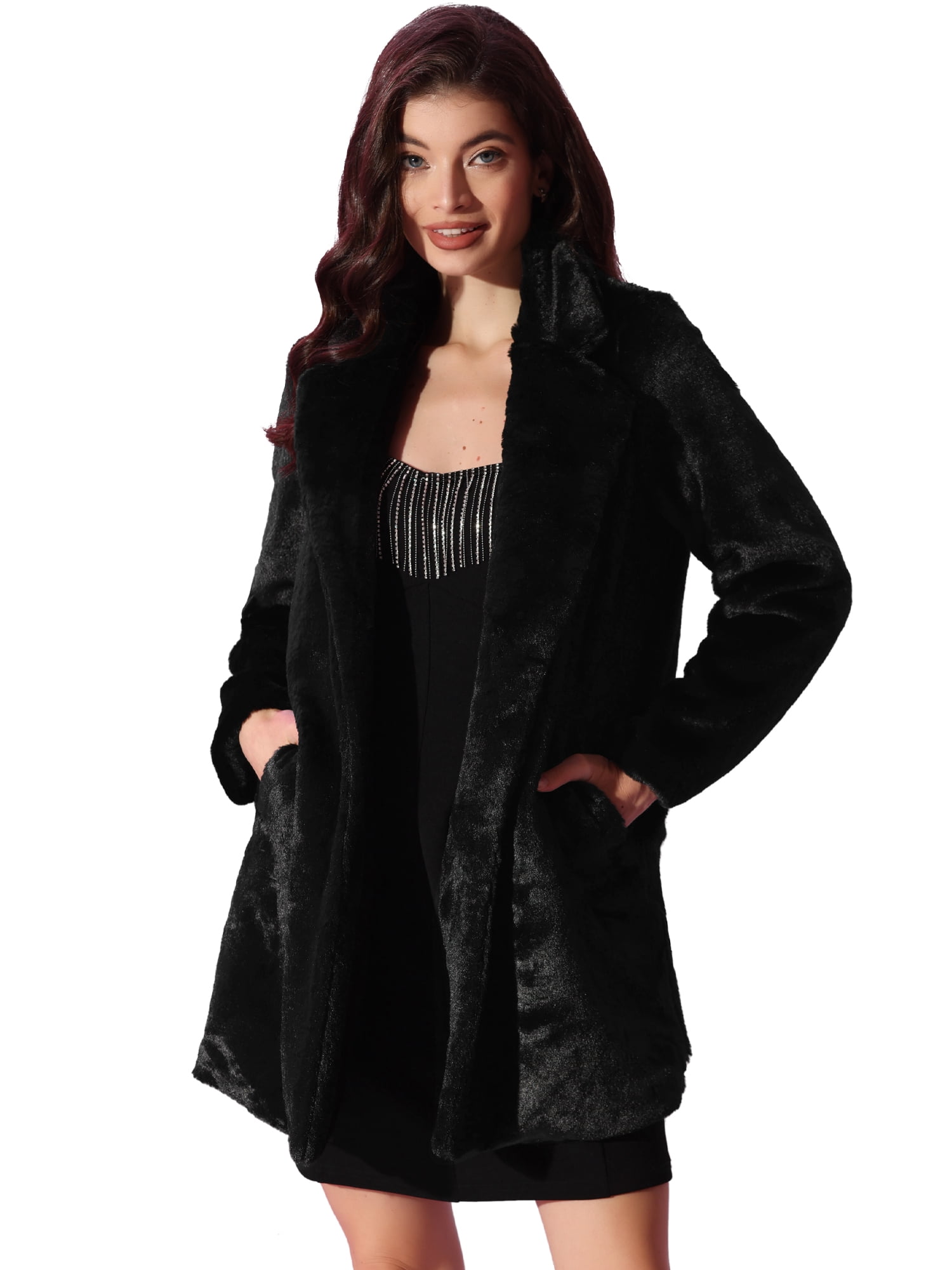 DARING DIVA Women's Lapel Faux Fur Fuzzy Warm Jacket Overcoat S Black