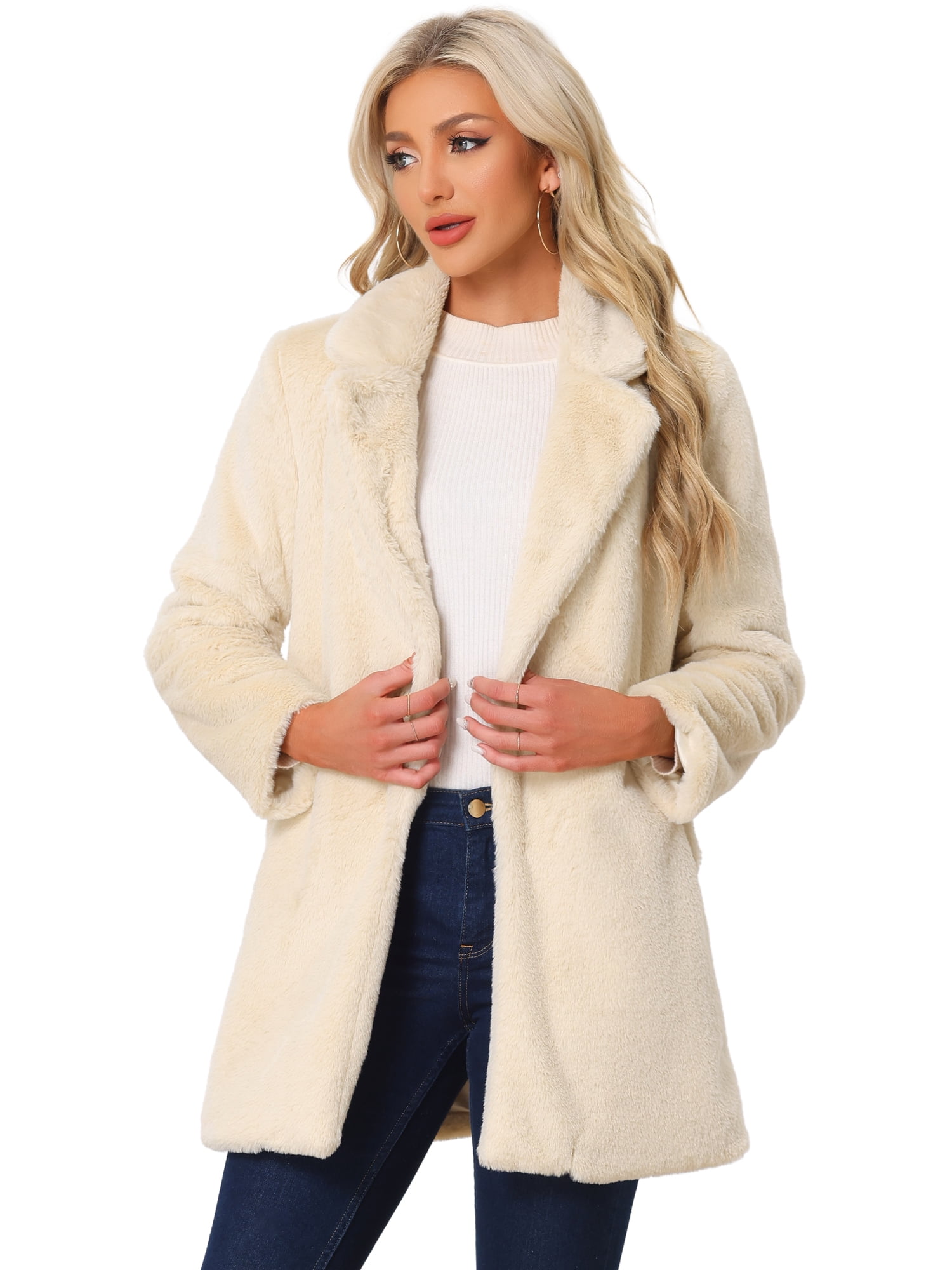 DARING DIVA Women's Lapel Faux Fur Fuzzy Warm Jacket Overcoat XL Apricot