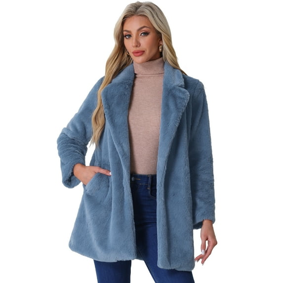 DARING DIVA Women's Lapel Faux Fur Fuzzy Warm Jacket Overcoat XS Grey Blue