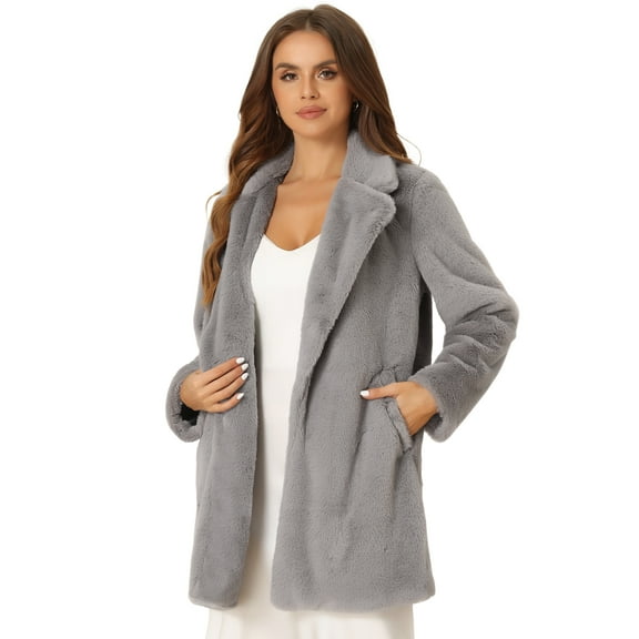 DARING DIVA Women's Lapel Faux Fur Fuzzy Warm Jacket Overcoat XS Grey