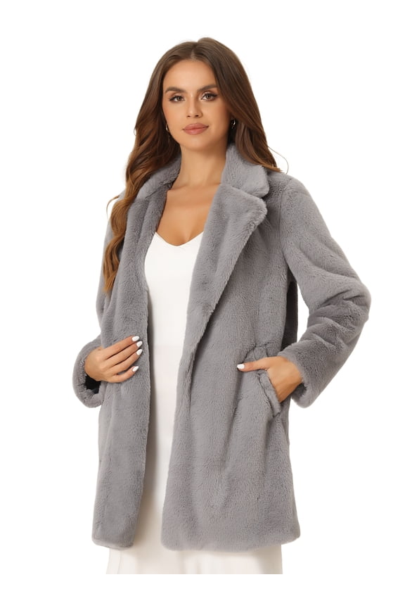 Women's Lapel Faux Fur Fuzzy Warm Jacket Overcoat XS Grey