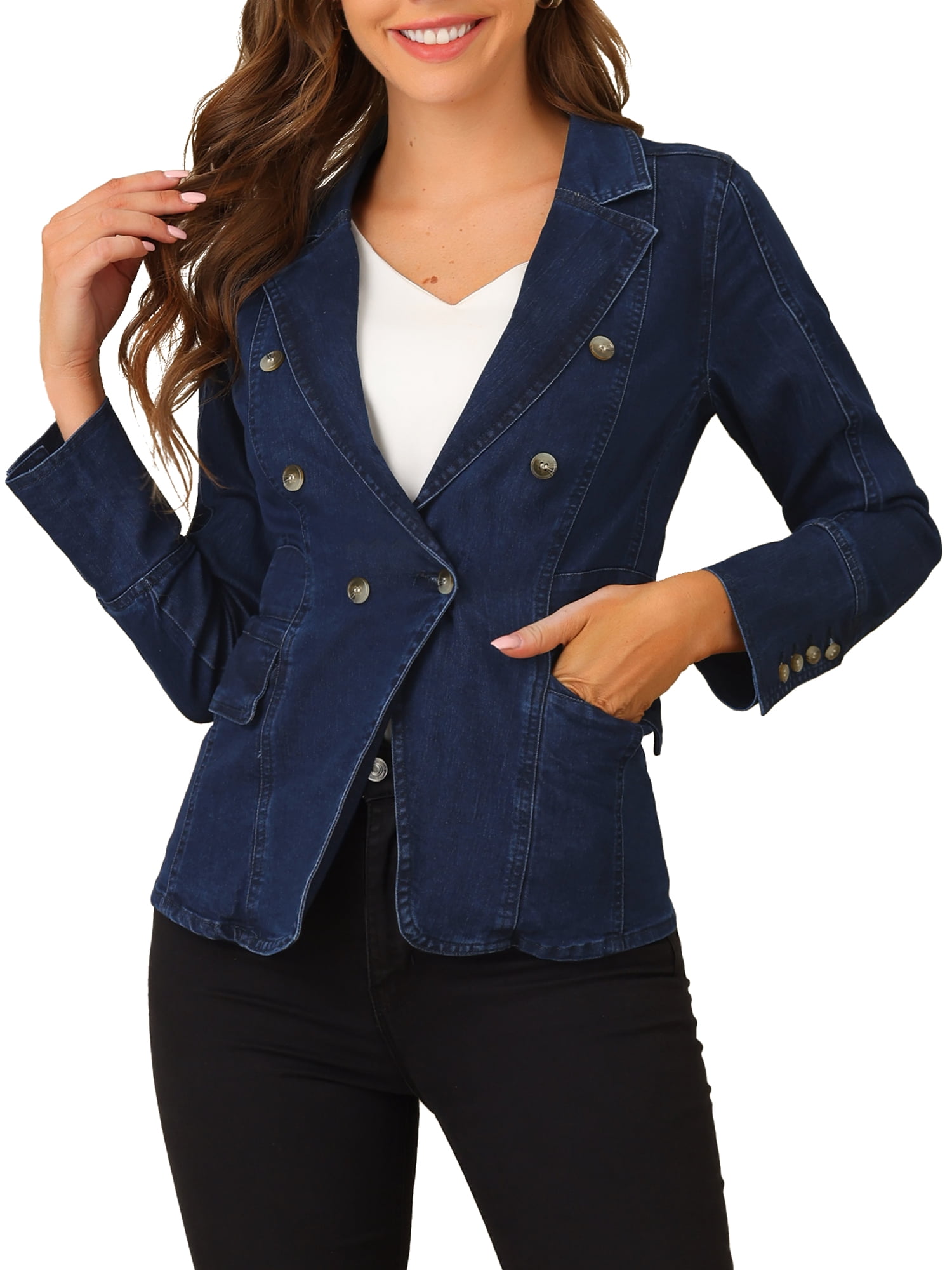 DARING DIVA Women's Lapel Jeans Blazer Denim Jacket W Pockets L Mid-Blue