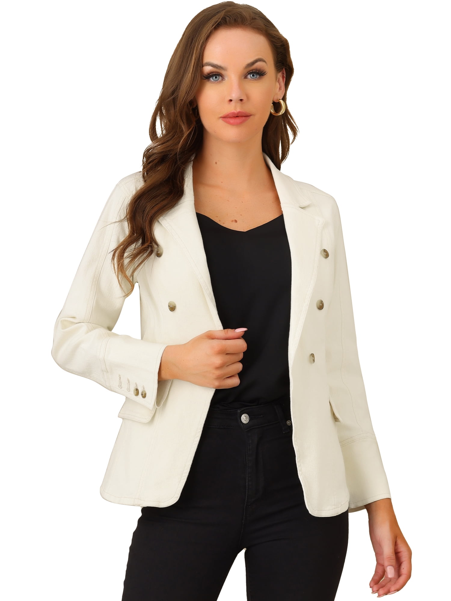 DARING DIVA Women's Lapel Jeans Blazer Denim Jacket W Pockets M Apricot