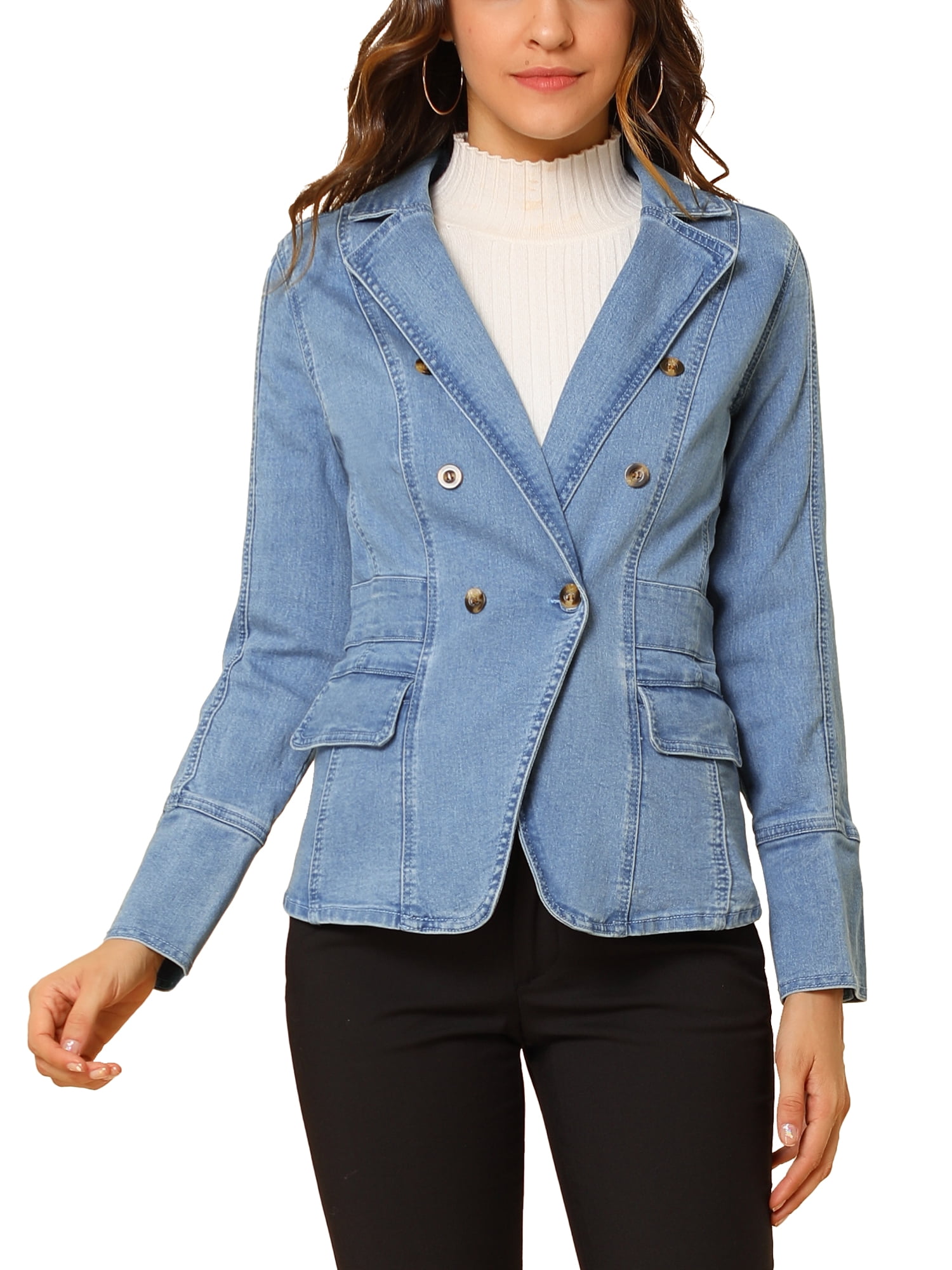 DARING DIVA Women's Lapel Jeans Blazer Denim Jacket W Pockets M Baby Blue