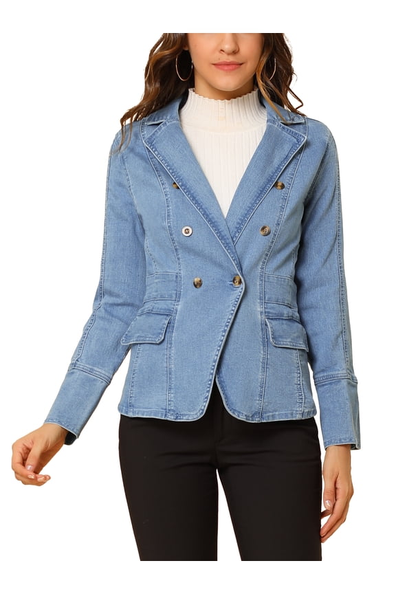 Women's Lapel Jeans Blazer Denim Jacket W Pockets M Baby Blue
