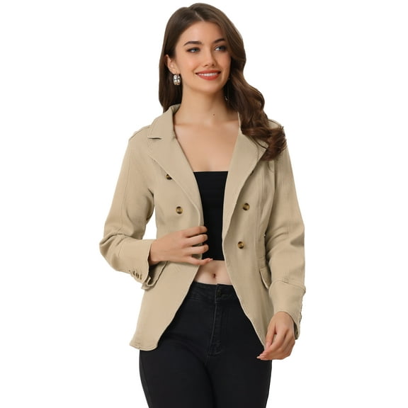 DARING DIVA Women's Lapel Jeans Blazer Denim Jacket W Pockets M Khaki