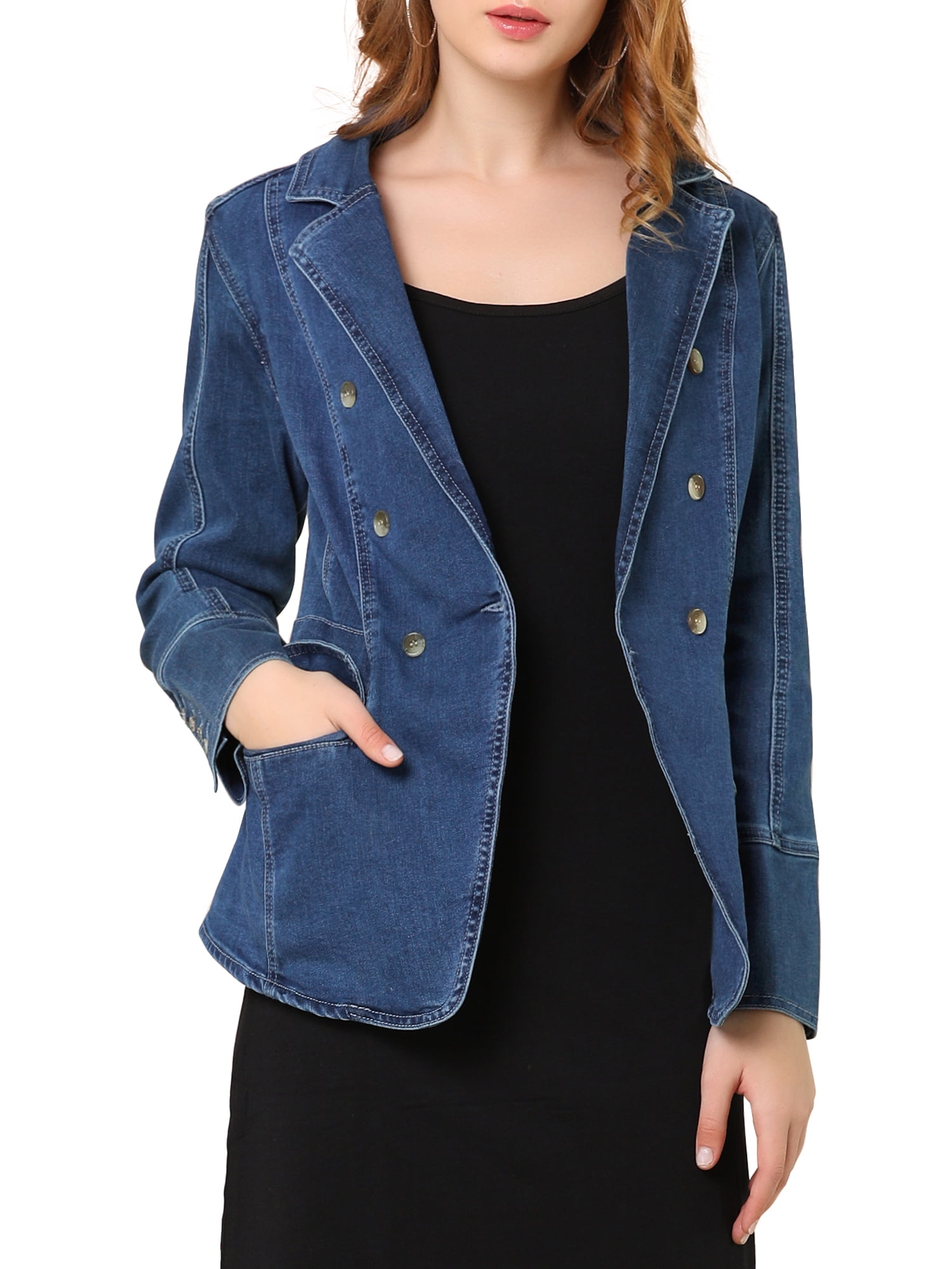 DARING DIVA Women's Lapel Jeans Blazer Denim Jacket W Pockets S Dark Blue