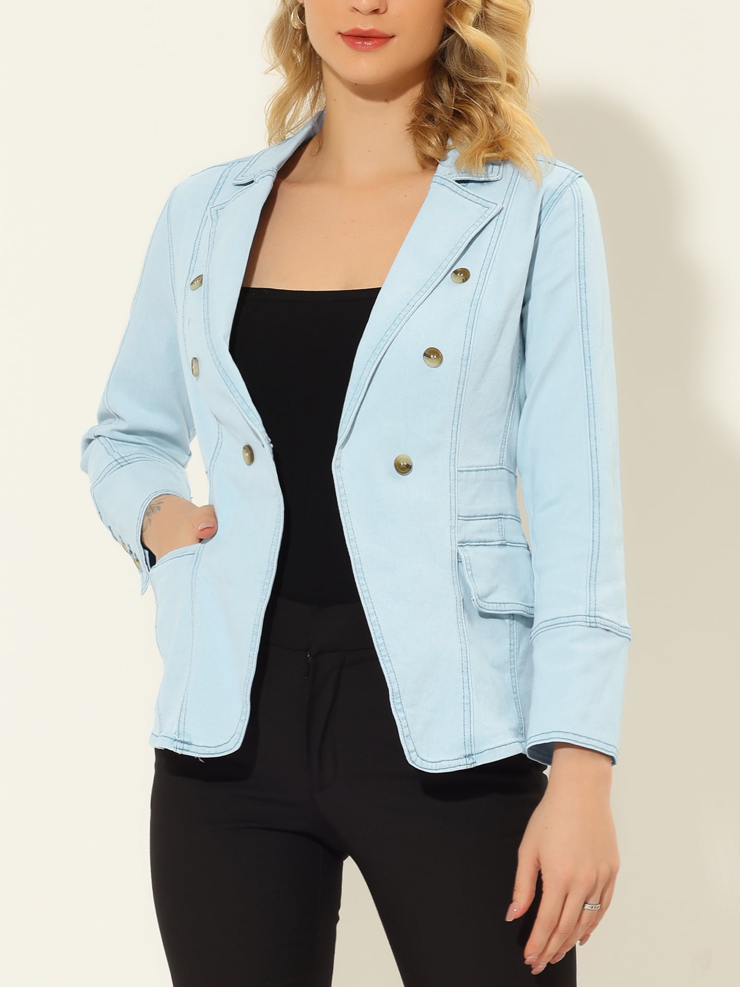 DARING DIVA Women's Lapel Jeans Blazer Denim Jacket W Pockets XL Light Blue
