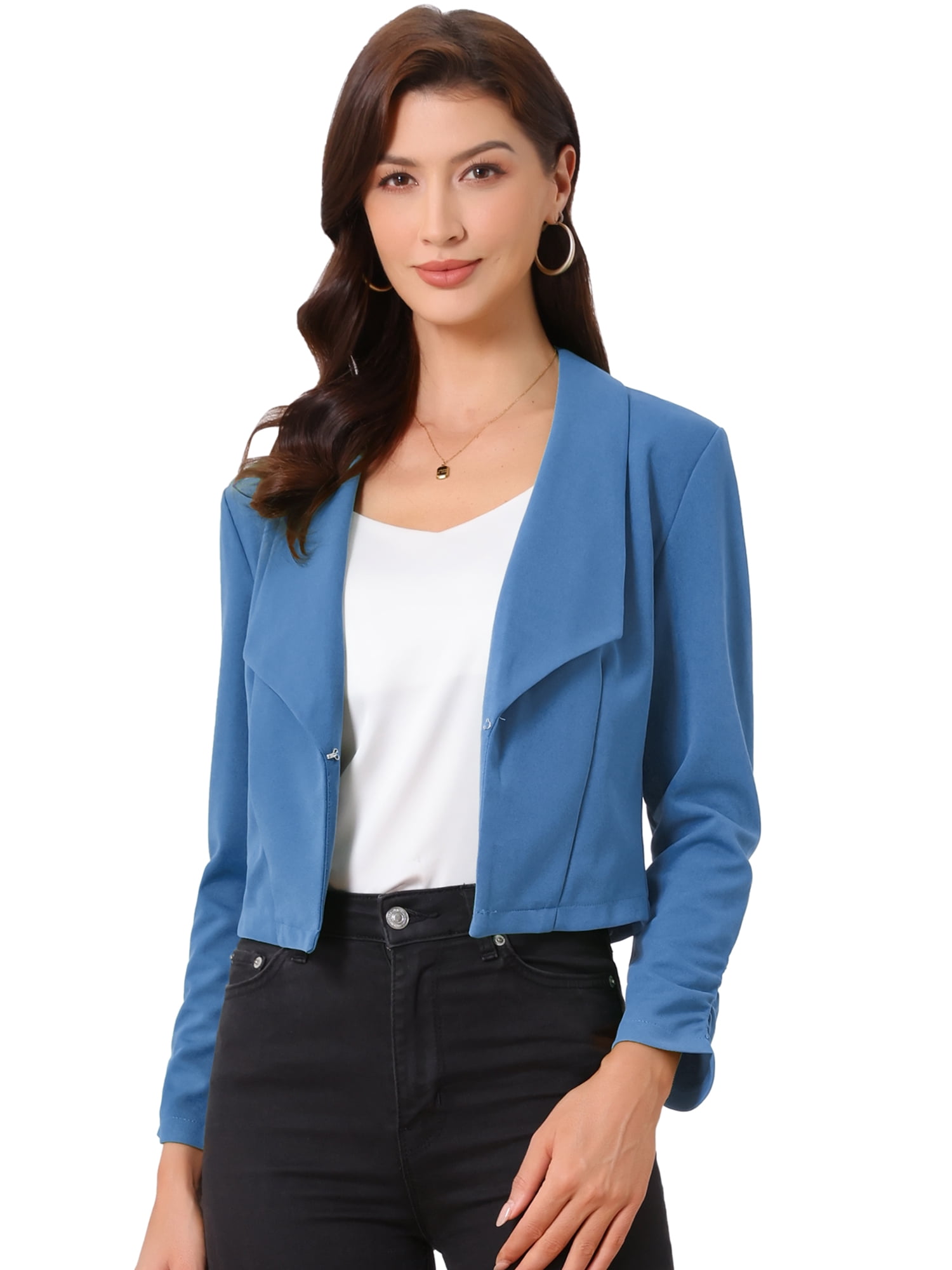 DARING DIVA Women's Lapel Ruched Sleeve Business Casual Jacket L Mid Blue