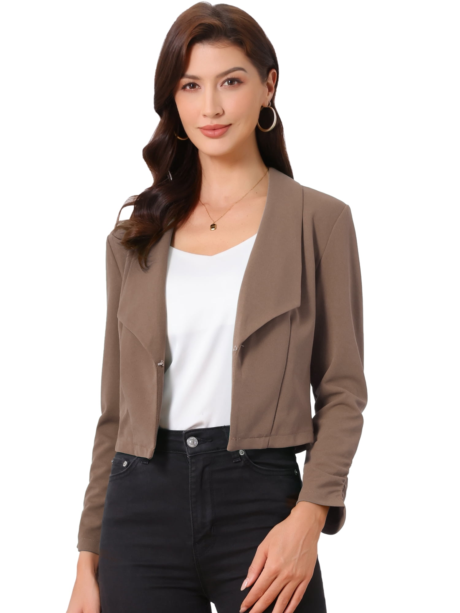 DARING DIVA Women's Lapel Ruched Sleeve Business Casual Jacket S Coffee