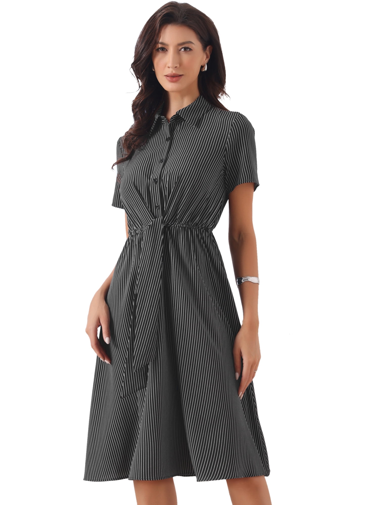 DARING DIVA Women's Lapel Striped Collared Tie Waist Button Down Work Dresses S Black