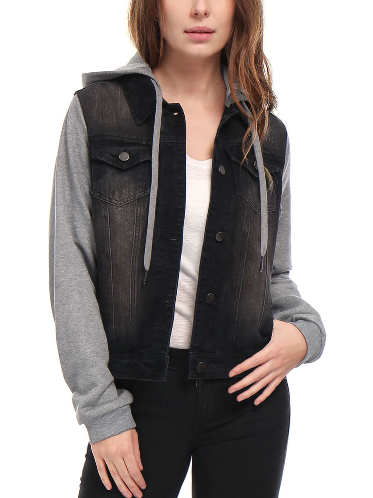 DARING DIVA Women's Layered Outerwear Hooded Denim Jacket L Black