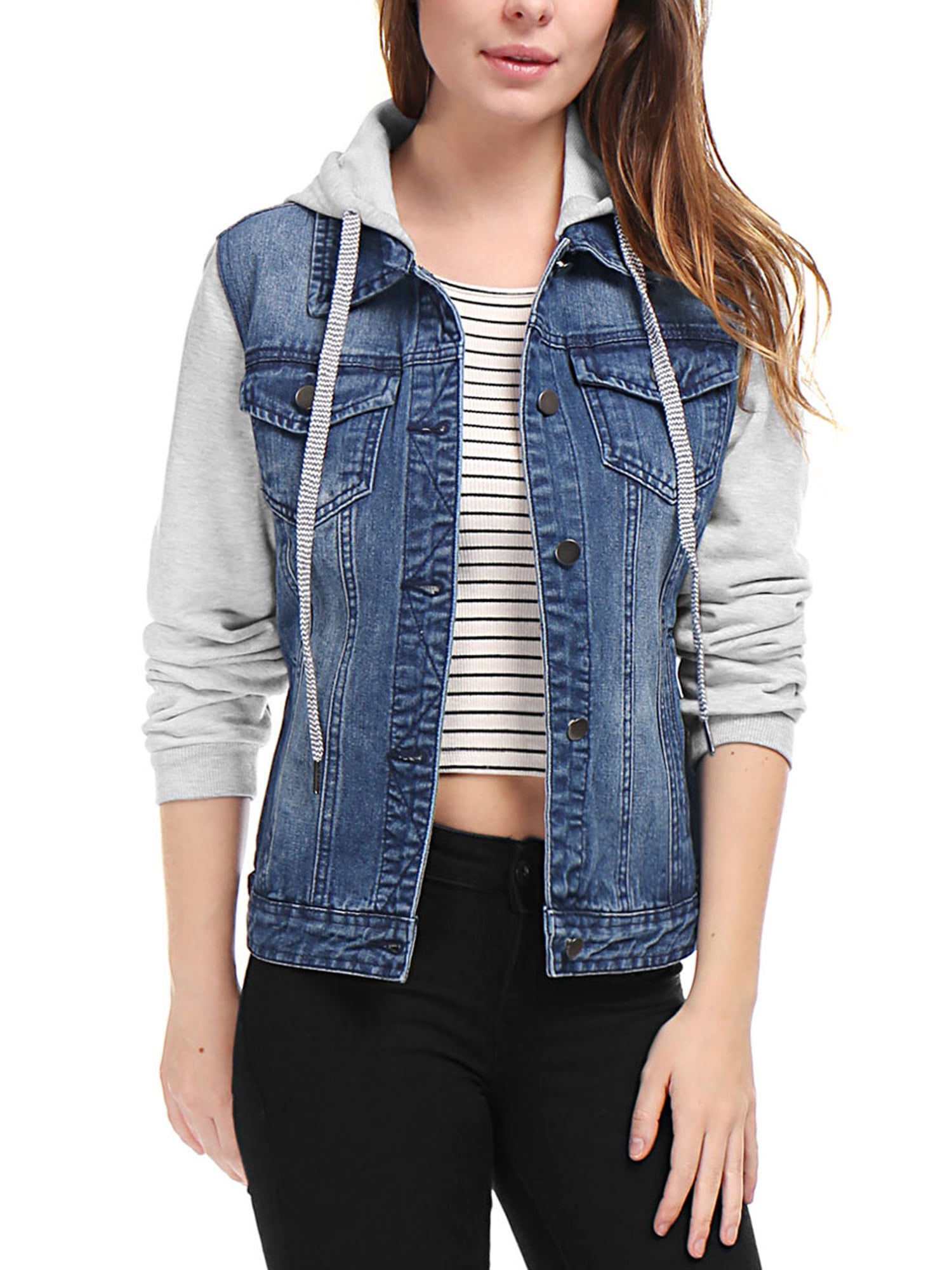 DARING DIVA Women's Layered Outerwear Hooded Denim Jacket XS Dark Blue