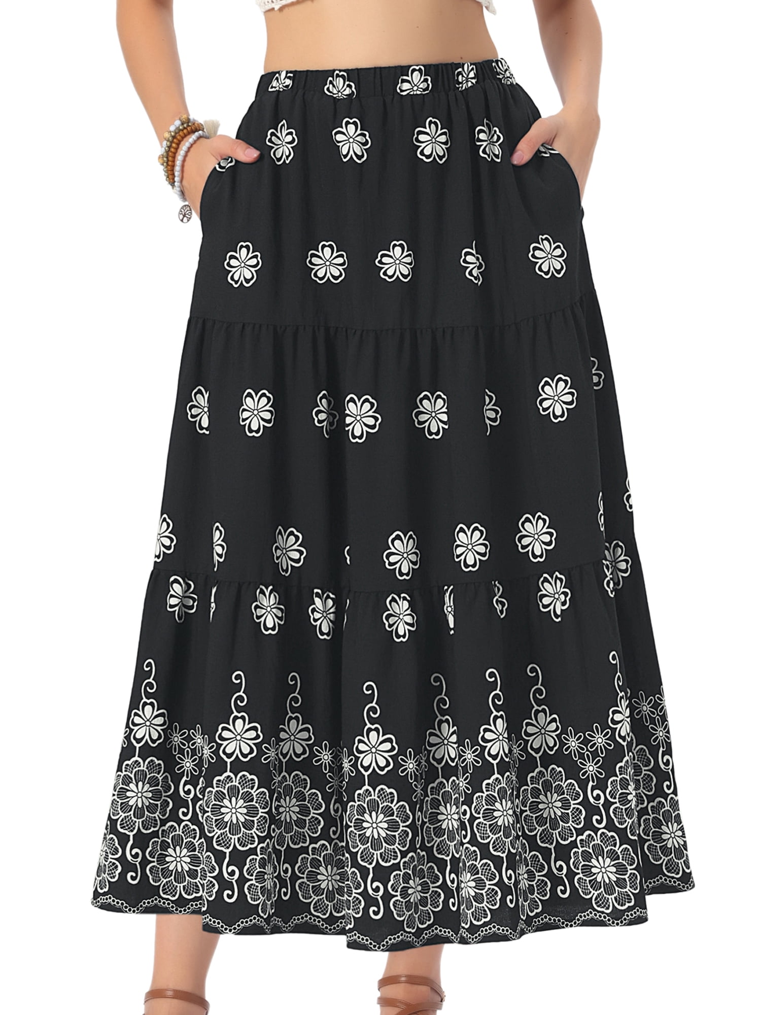 DARING DIVA Women's Layered Ruffle Hem A Line High Waist  Flared Long Skirts M Black