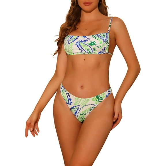 DARING DIVA Women's Leaf Print Bandeau Bikini Set, 2-Piece Lace Up Swimsuit L Green