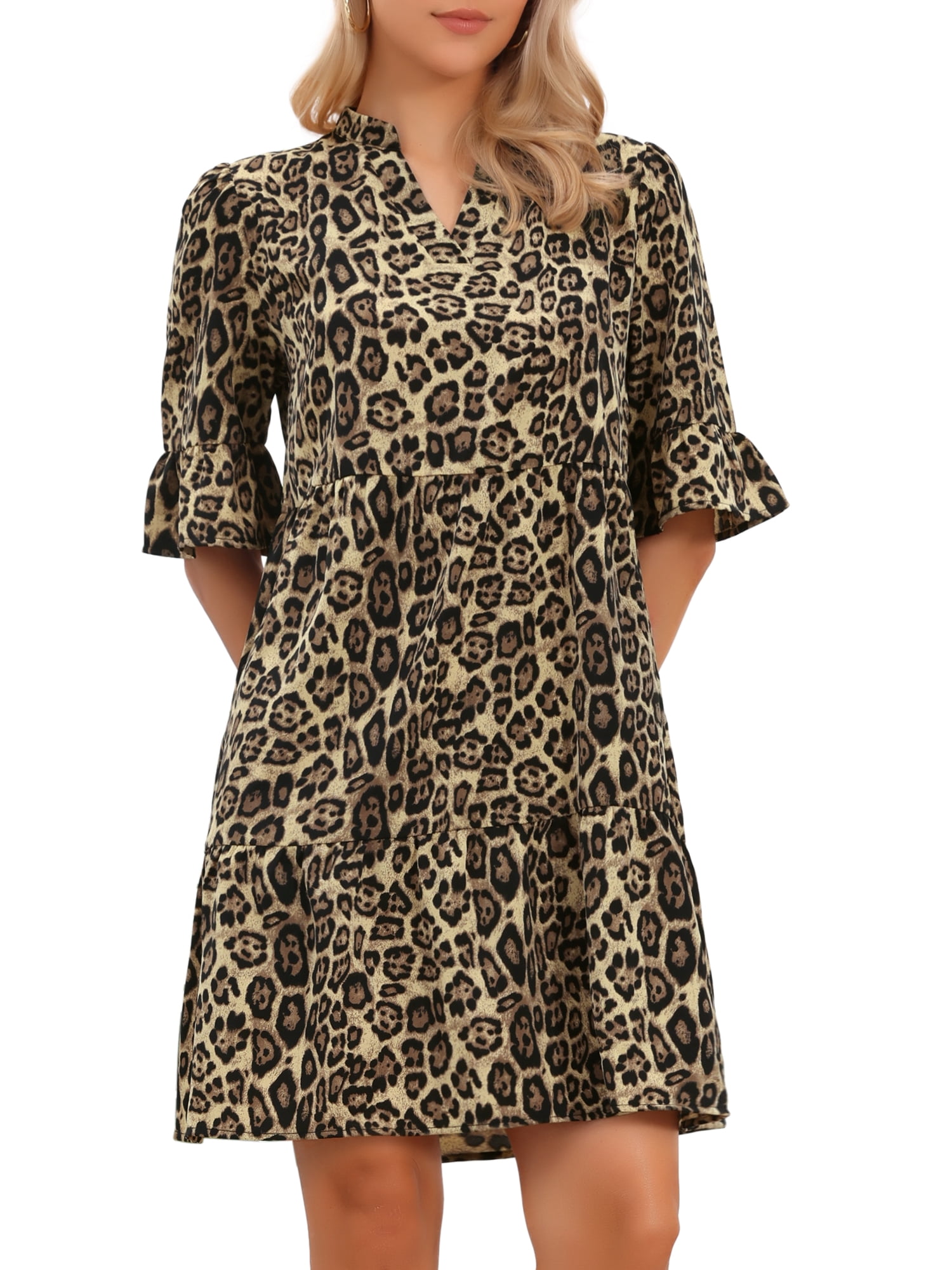 DARING DIVA Women's Leopard Print Bell Sleeve Ruffle Hem Tunic V-Neck Dresses M Brown