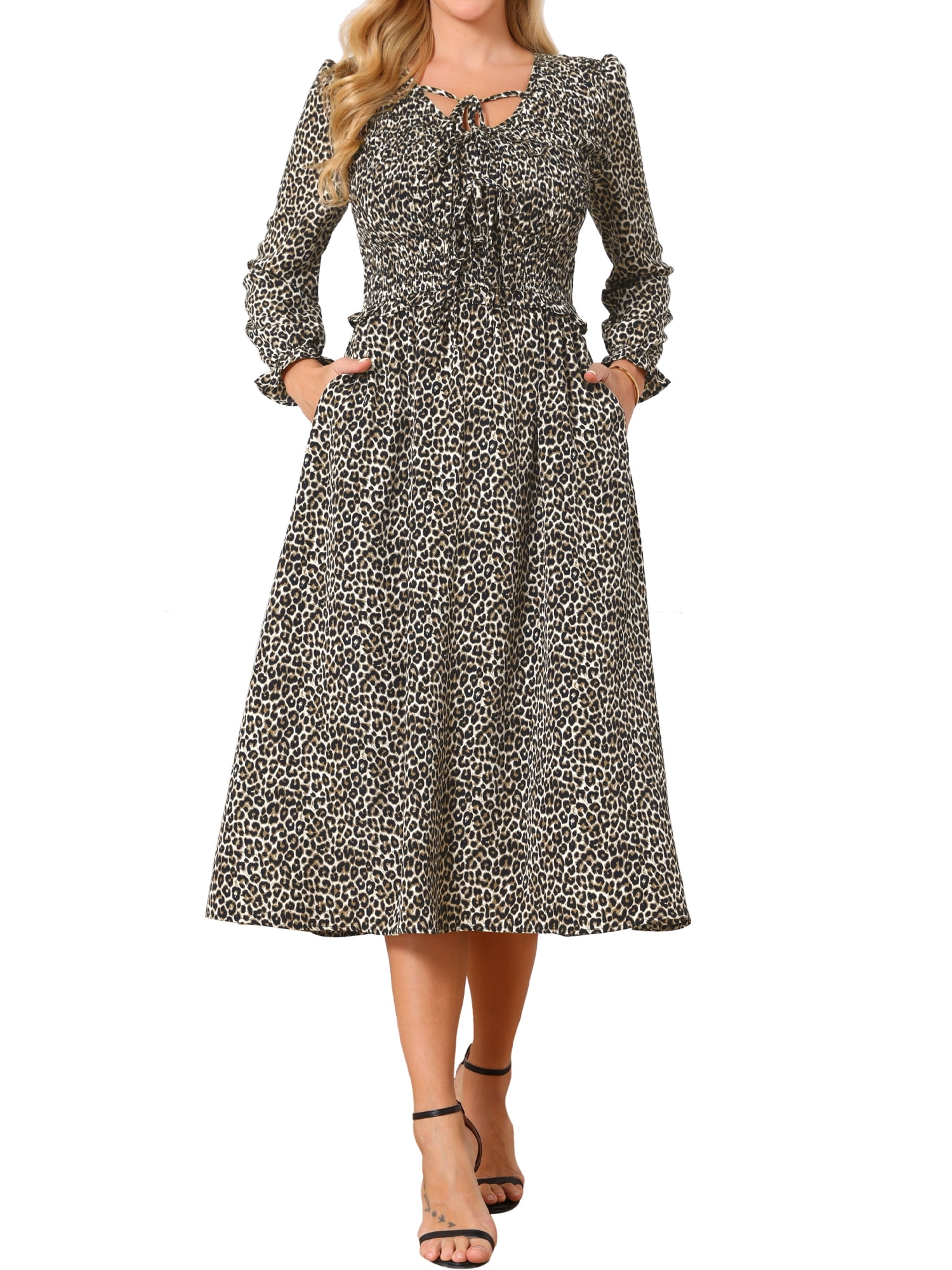 DARING DIVA Women's Leopard Print Long Sleeve Ruffle Tie Dress M Apricot