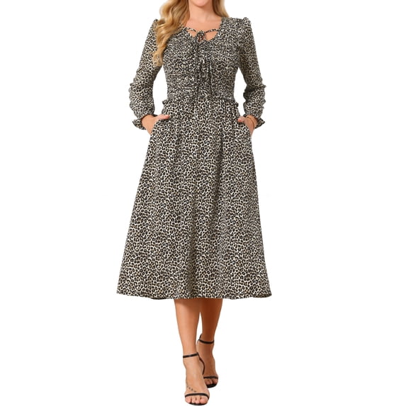 DARING DIVA Women's Leopard Print Long Sleeve Ruffle Tie Dress XL Apricot