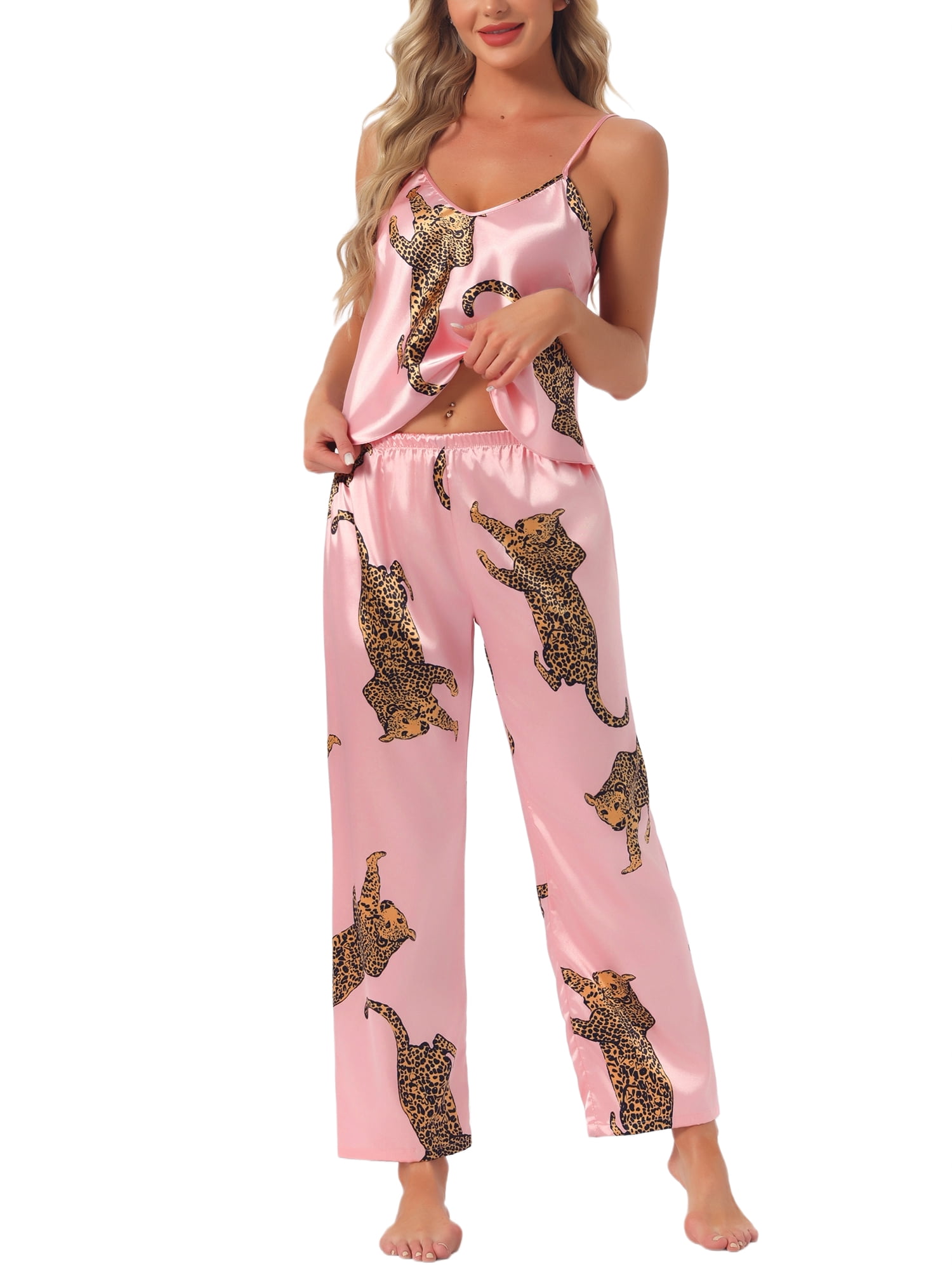 DARING DIVA Women's Leopard Satin Silky Soft V Neck Spaghetti Pants Pajama Set S Pink