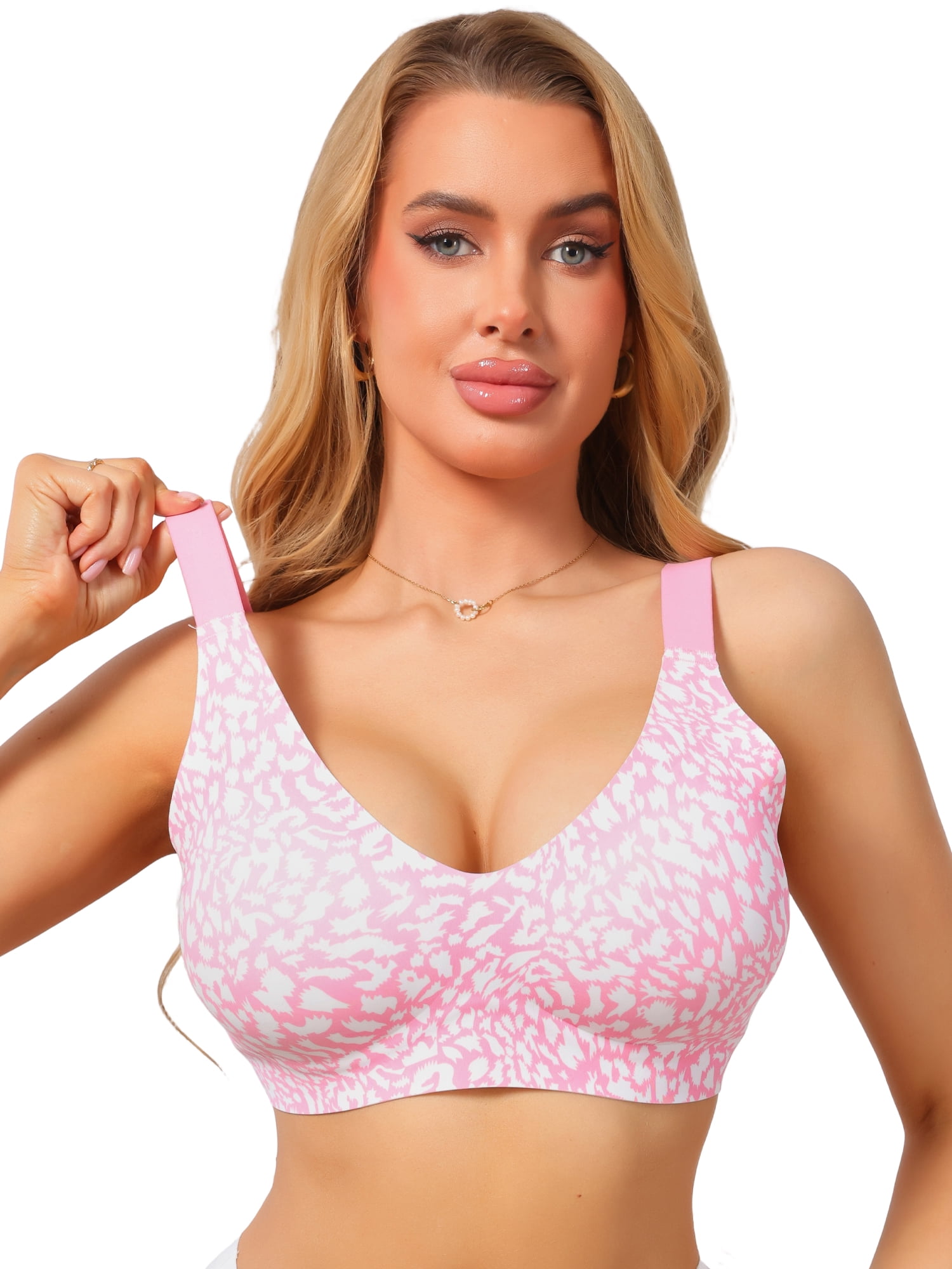 DARING DIVA Women's Leopard Wireless Seamless Fixed Padding Bralette Bra M Pink