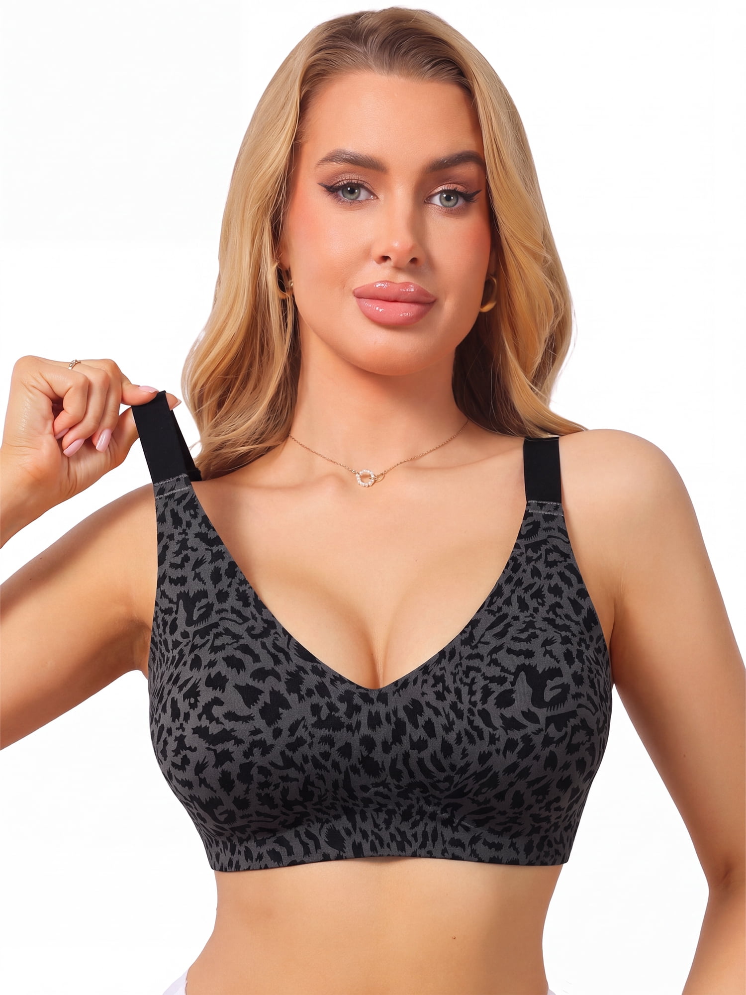 DARING DIVA Women's Leopard Wireless Seamless Fixed Padding Bralette Bra S Black