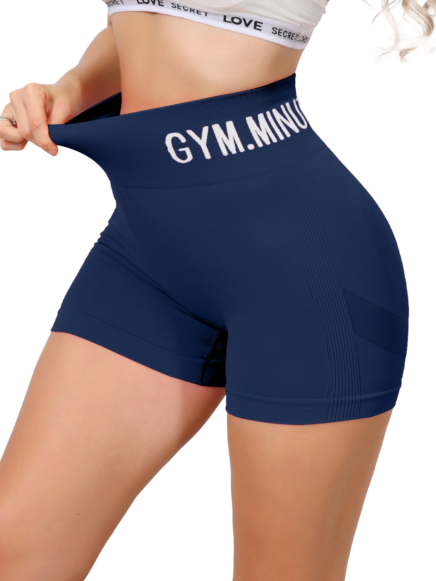 DARING DIVA Women's Letter Print High Waisted Workout Yoga Shorts L Navy Blue