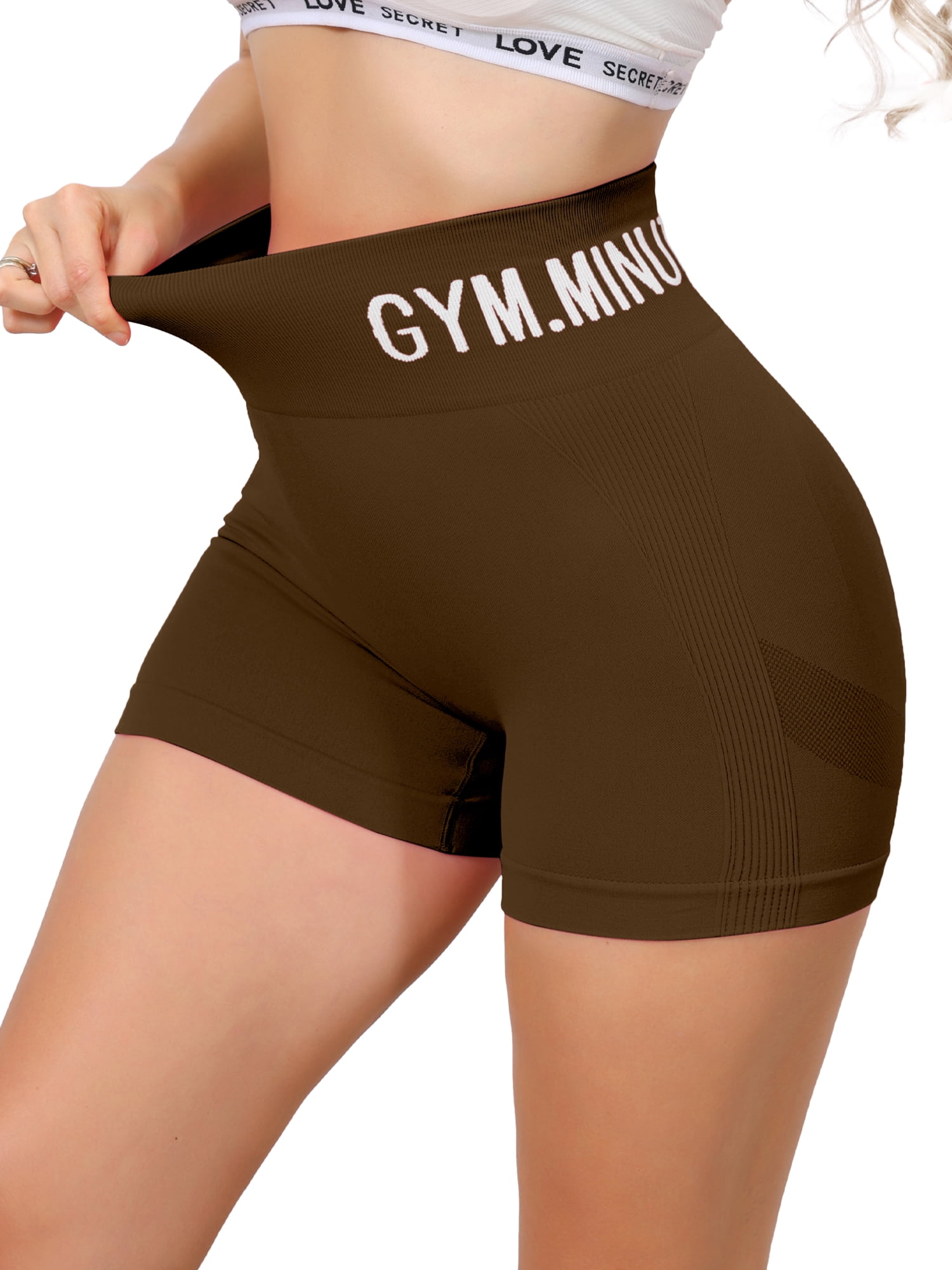 DARING DIVA Women's Letter Print High Waisted Workout Yoga Shorts M Dark Coffee